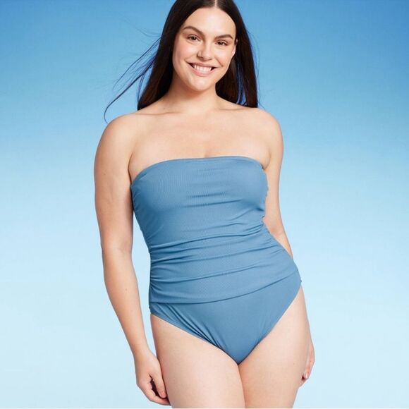 NWT Woman’s Shirred Ribbed Bandeau Cheeky One-Piece Swimsuit Blue Medium - Picture 3 of 15